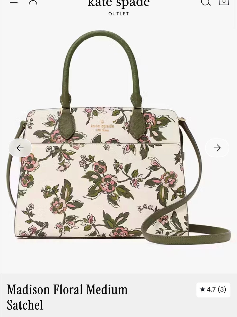 kate spade Cream Floral Satchel with Olive and Pink Accents